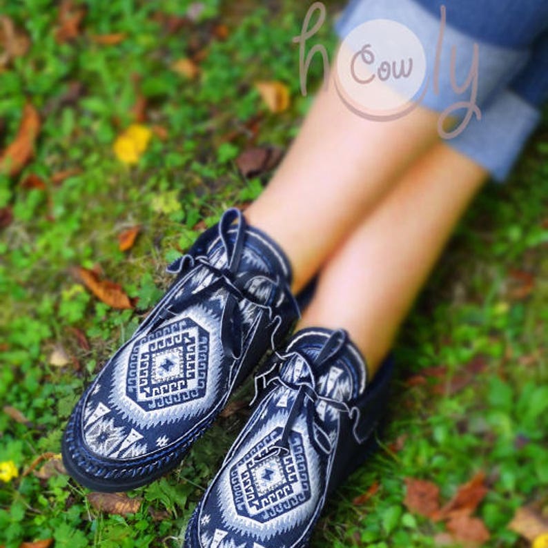 Blue Leather Moccasins With Native American Tribal Fabric