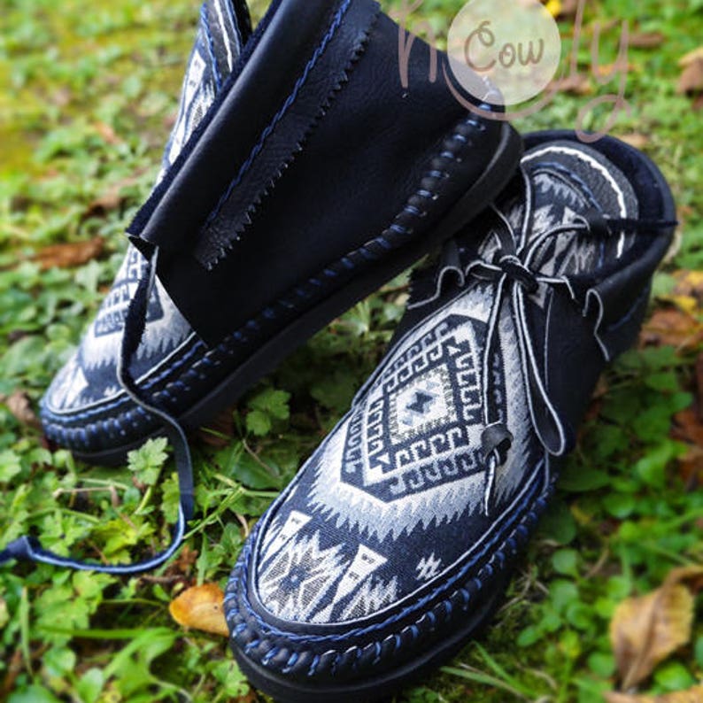 Blue Leather Moccasins With Native American Tribal Fabric