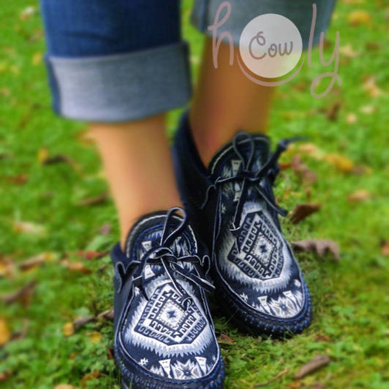 Blue Leather Moccasins With Native American Tribal Fabric