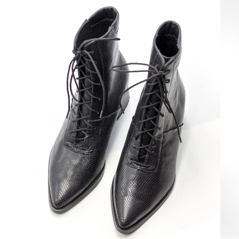 Black Lace up Ankle Boots for Women Black Booties With Snake