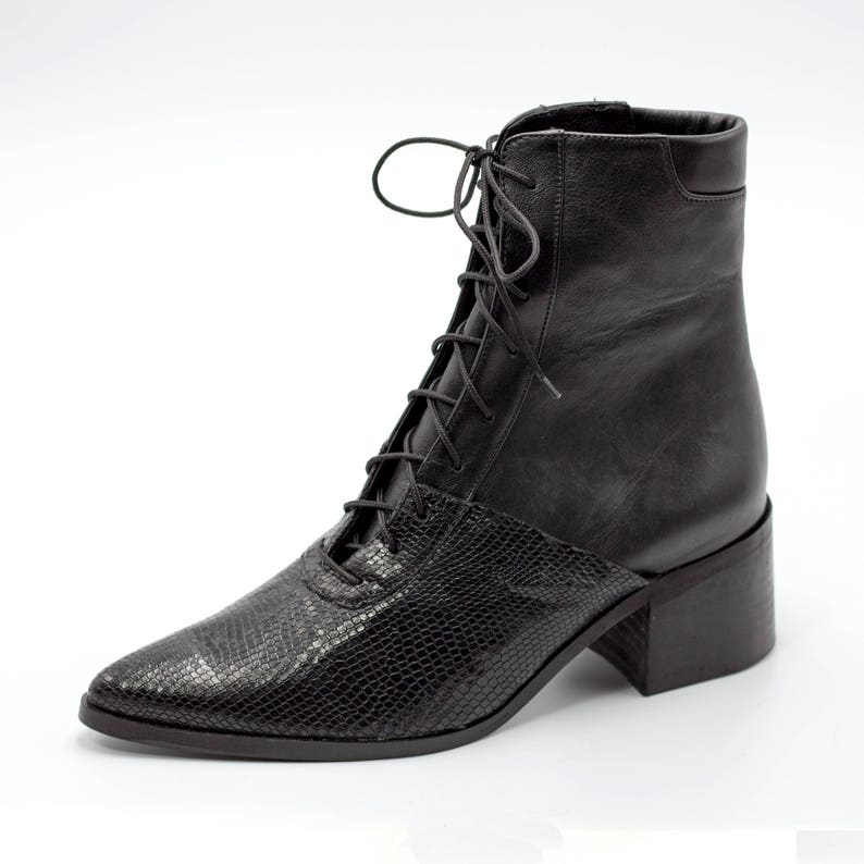 Black Lace up Ankle Boots for Women Black Booties With Snake