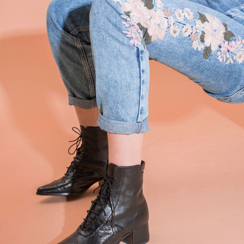 Black Lace up Ankle Boots for Women Black Booties With Snake