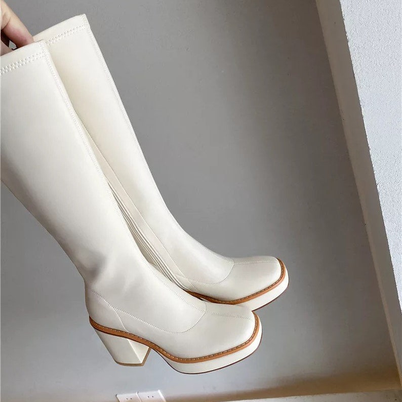 Chic Platform Knee High Boots Square Toe Fashionable