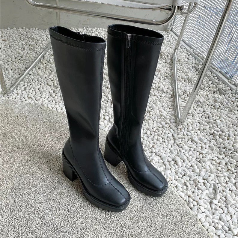 Chic Platform Knee High Boots Square Toe Fashionable