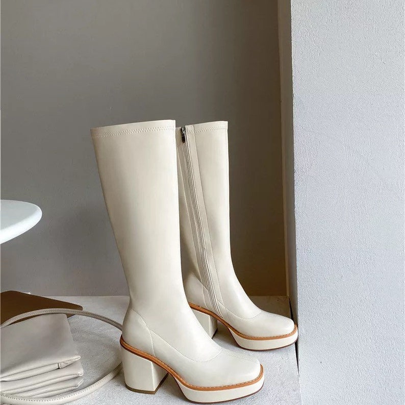 Chic Platform Knee High Boots Square Toe Fashionable