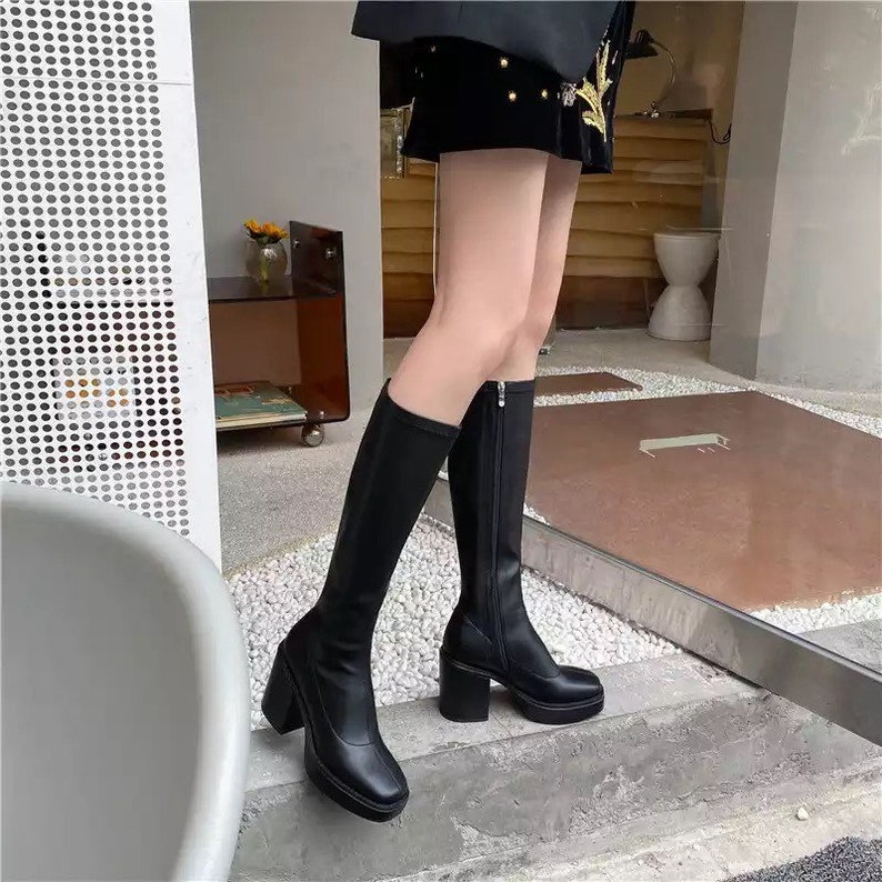 Chic Platform Knee High Boots Square Toe Fashionable