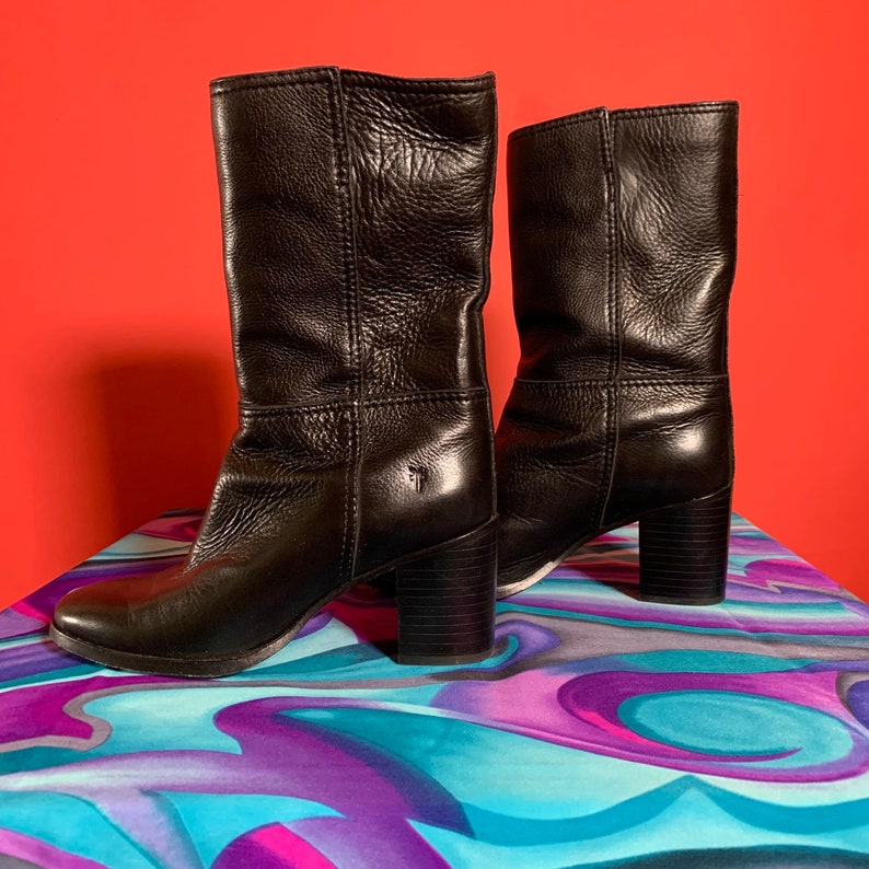 Frye Black Leather Boots Mid Pull up With Heel Size