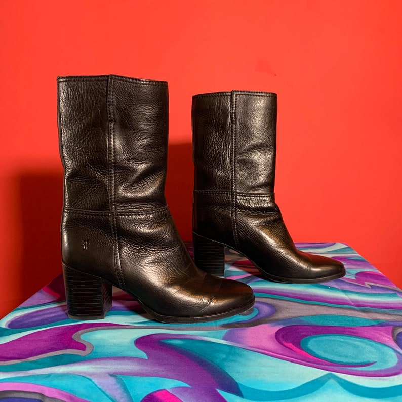 Frye Black Leather Boots Mid Pull up With Heel Size
