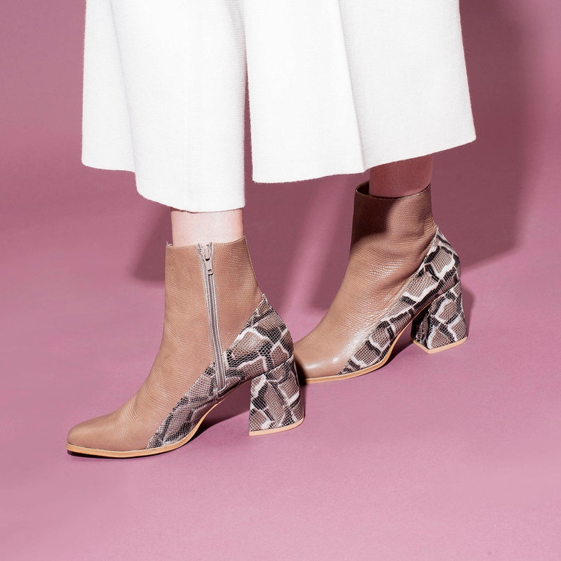Snake Skin Boots Handmade Brown Leather Women Ankle Boots