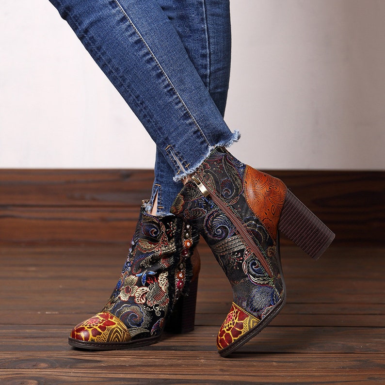 Vintage Ankle Boots Handmade Ankle Boots Chunky Heel Glossy