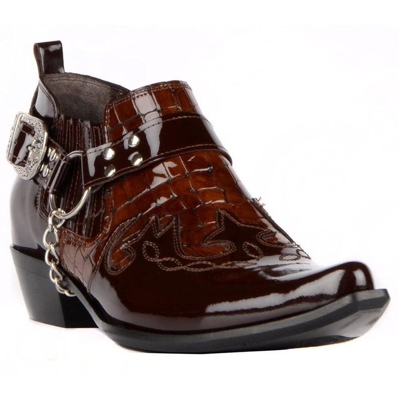 Footcourt Men Cowboy Boots Brown Patent Genuine Leather New