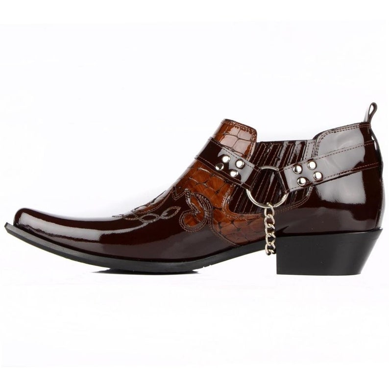 Footcourt Men Cowboy Boots Brown Patent Genuine Leather New