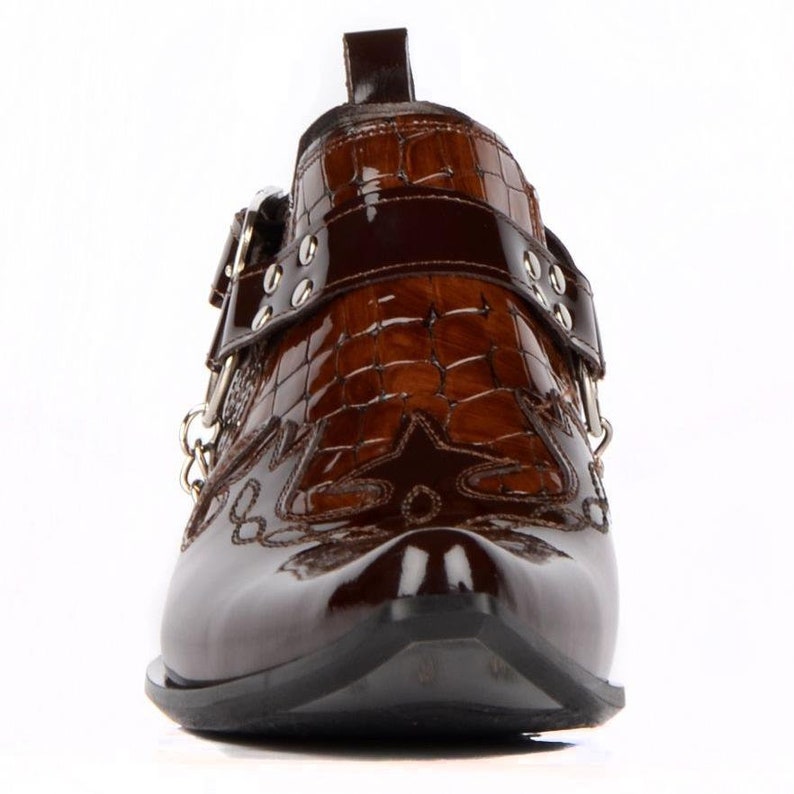 Footcourt Men Cowboy Boots Brown Patent Genuine Leather New
