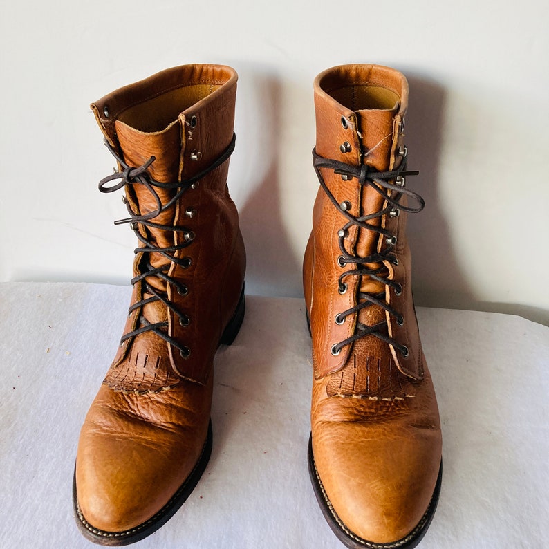 Sz 10 D Vintage Warm Caramel Brown Leather Justin Lace up