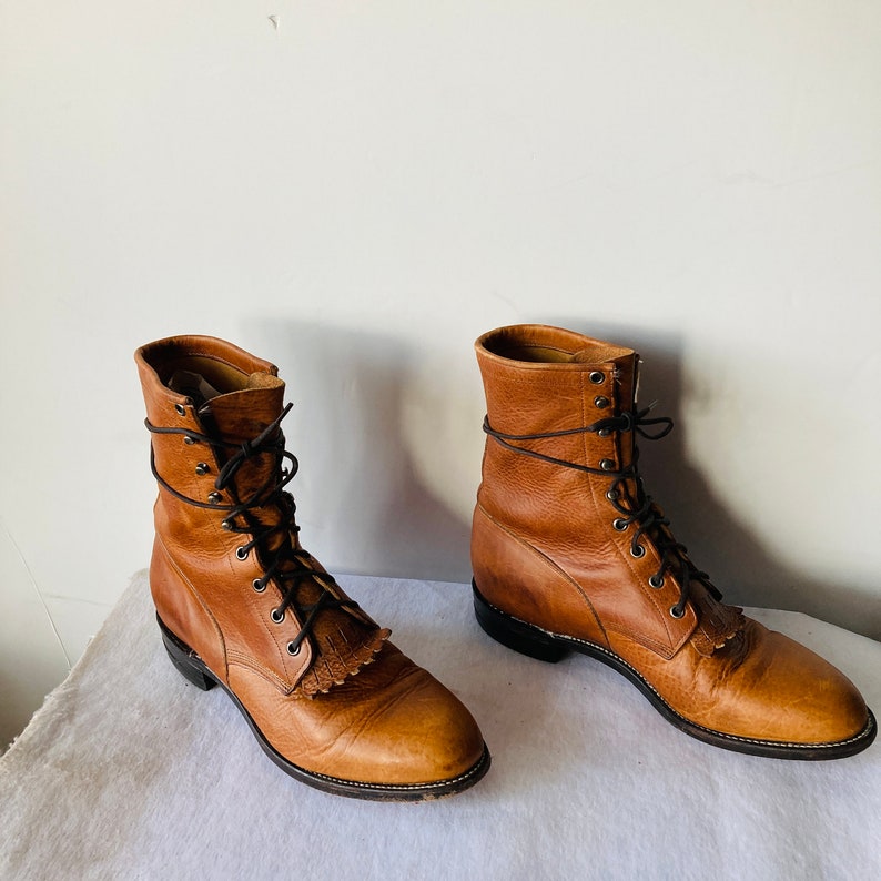 Sz 10 D Vintage Warm Caramel Brown Leather Justin Lace up