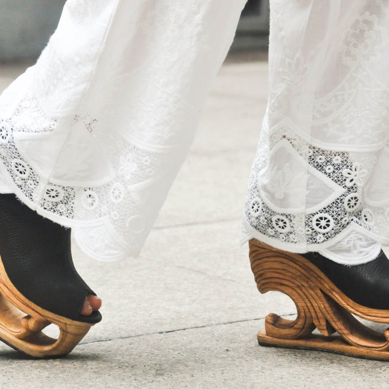 Wave Hand Carved Wood Platform Wedge Heel