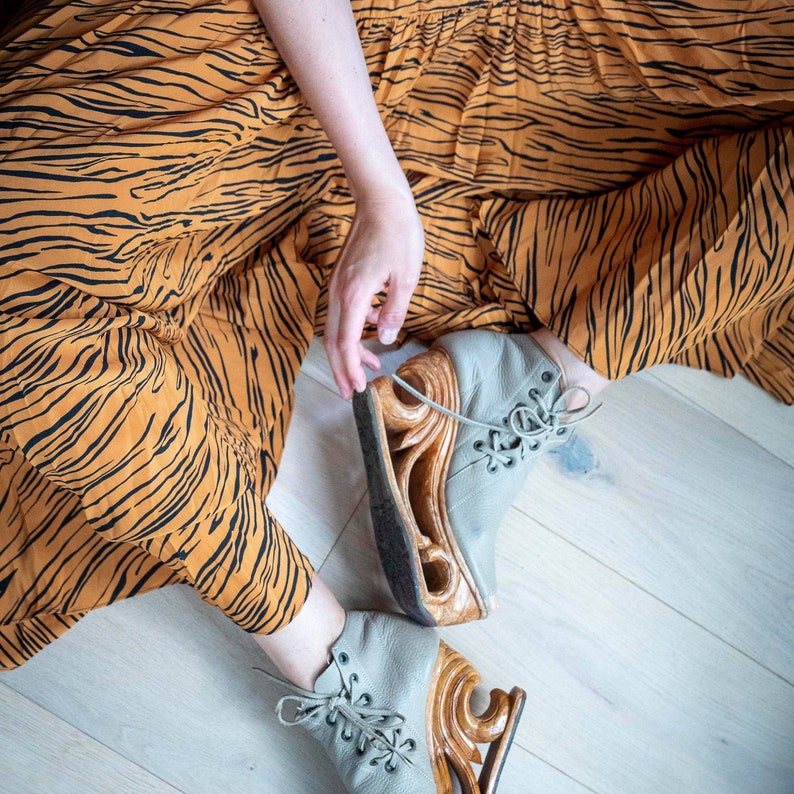 Wave Hand Carved Wood Platform Wedge Heel