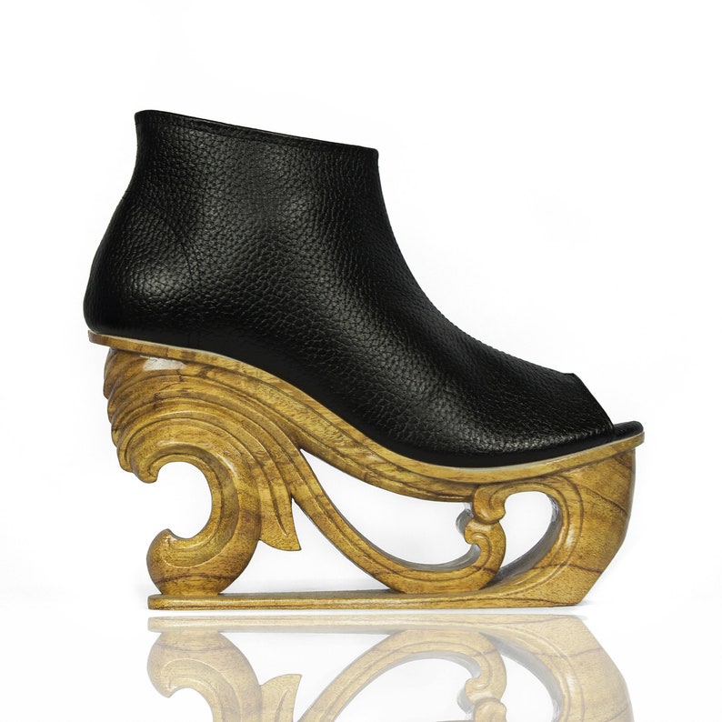 Wave Hand Carved Wood Platform Wedge Heel