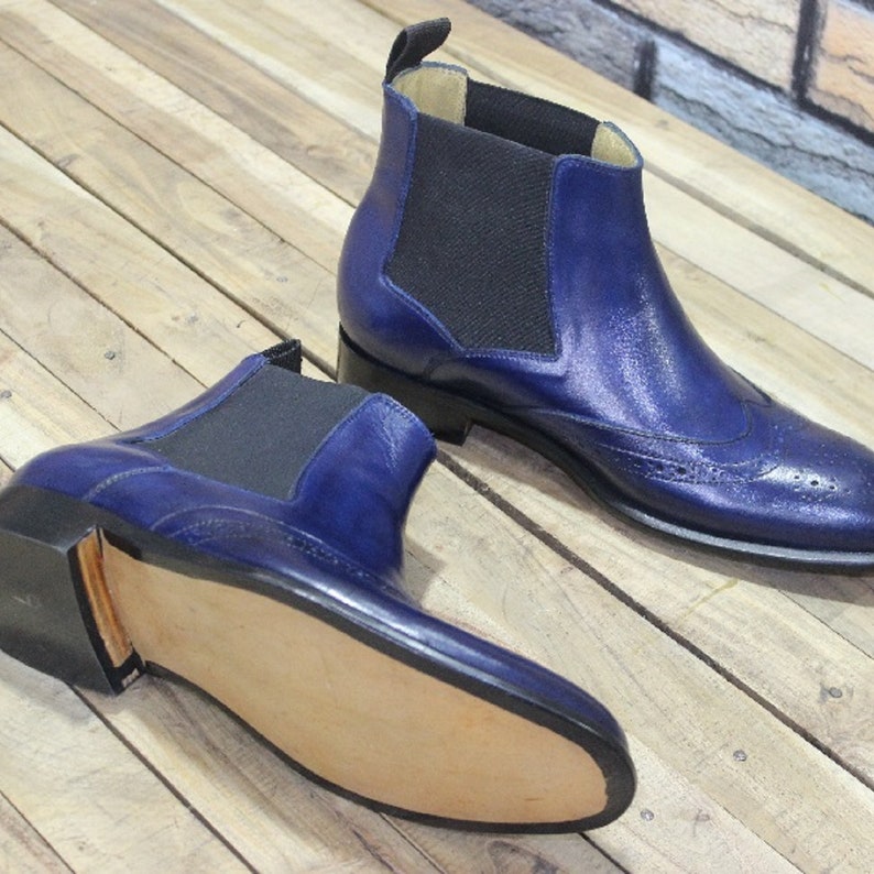 Mens Handmade New Formal Shoes Blue Leather Wing Tip Style