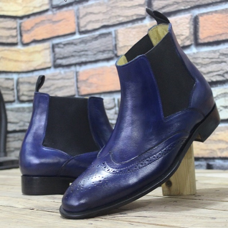 Mens Handmade New Formal Shoes Blue Leather Wing Tip Style