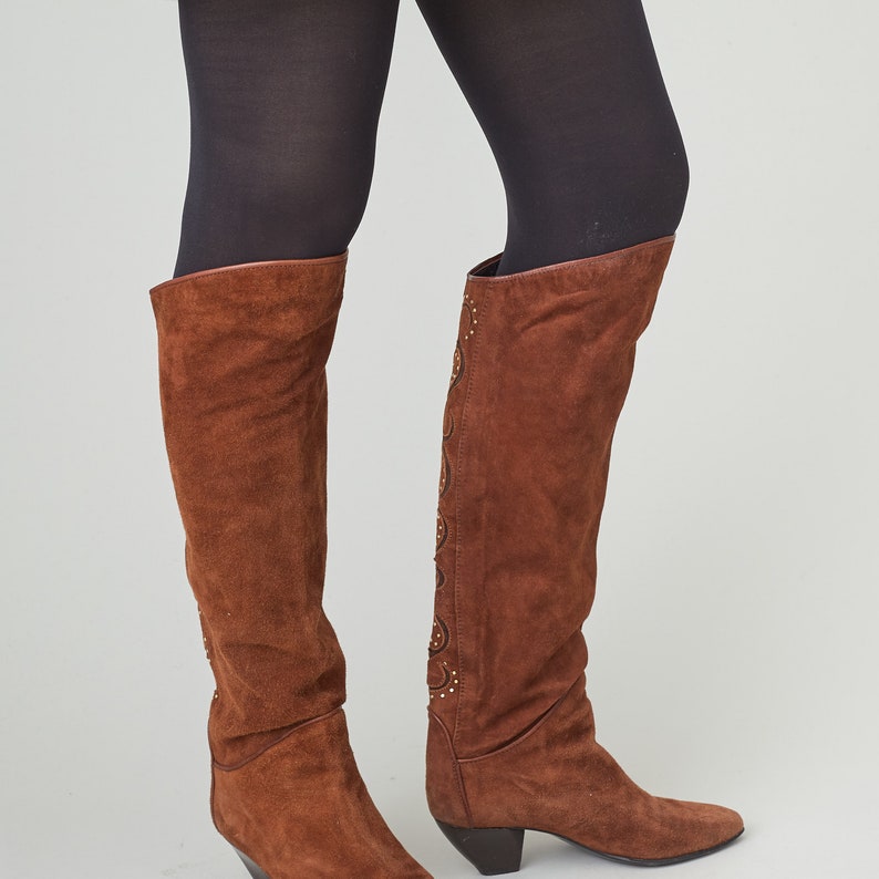 Vintage Suede High Boots Size 37 EU 7 US Brown Leather