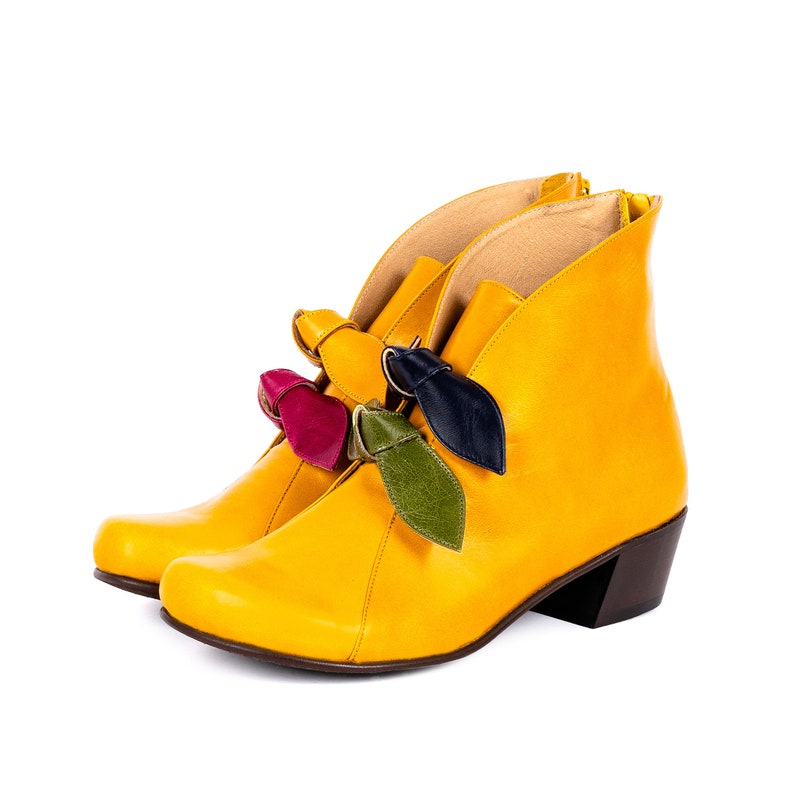 Yellow Leather Boots With Colorful Bows Handmade Free