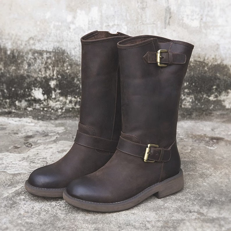 Women Retro Mid Tube Knight Boots Vintage Inspired Motorcycle