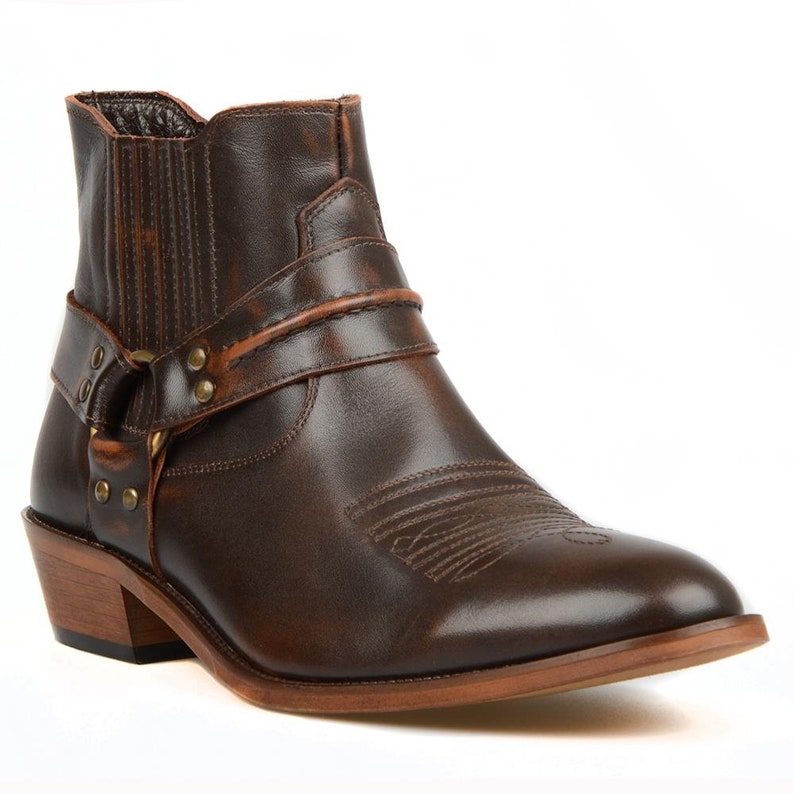 Footcourt Brown Men Cowboy Ankle Boots Genuine Leather Horse