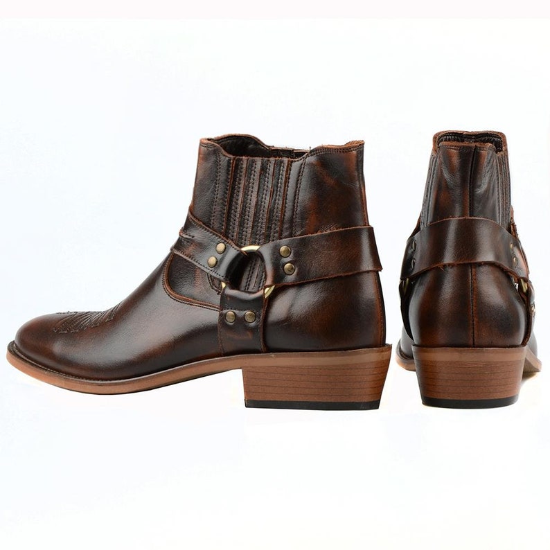 Footcourt Brown Men Cowboy Ankle Boots Genuine Leather Horse
