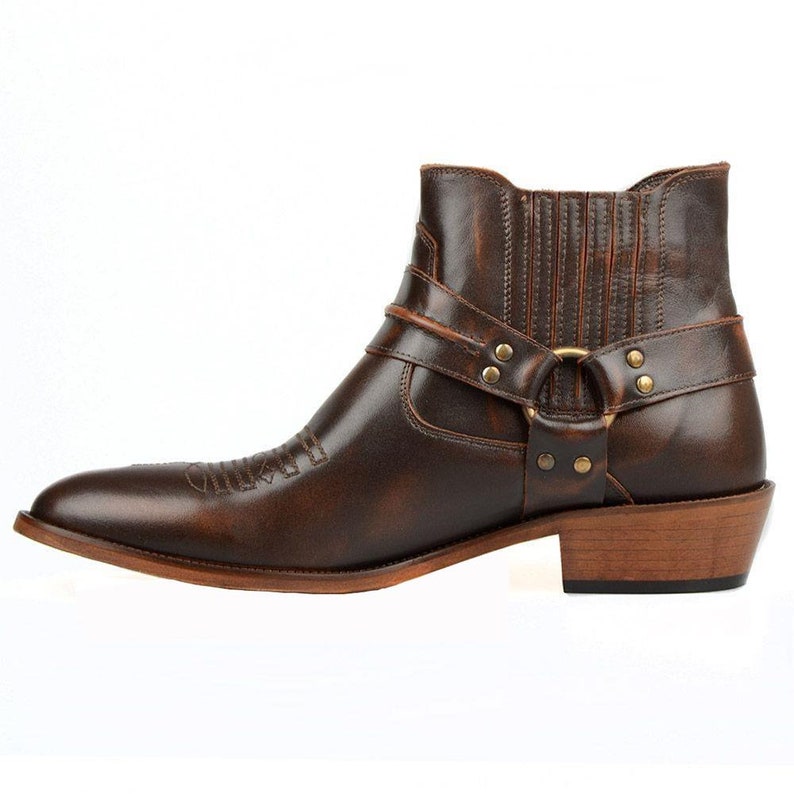 Footcourt Brown Men Cowboy Ankle Boots Genuine Leather Horse