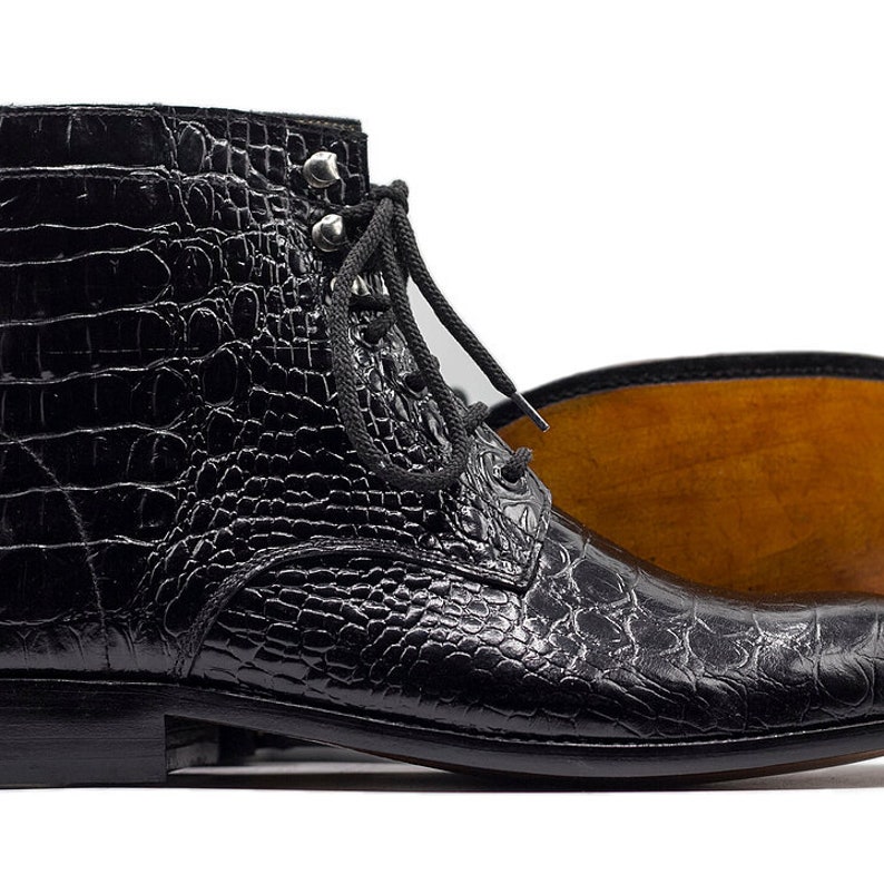 Mens Handmade Black Alligator Texture Leather Boots Mens