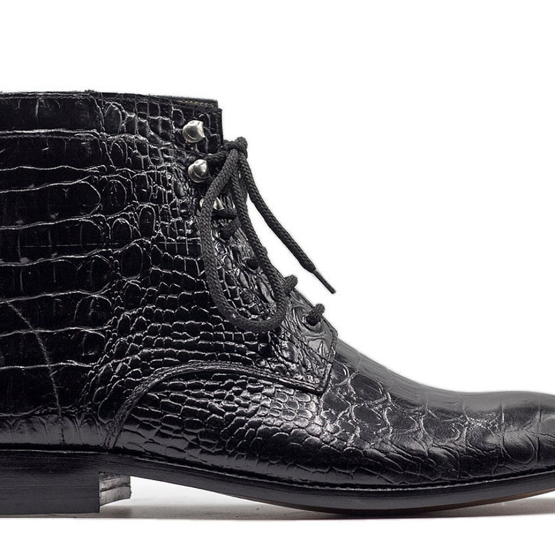 Mens Handmade Black Alligator Texture Leather Boots Mens