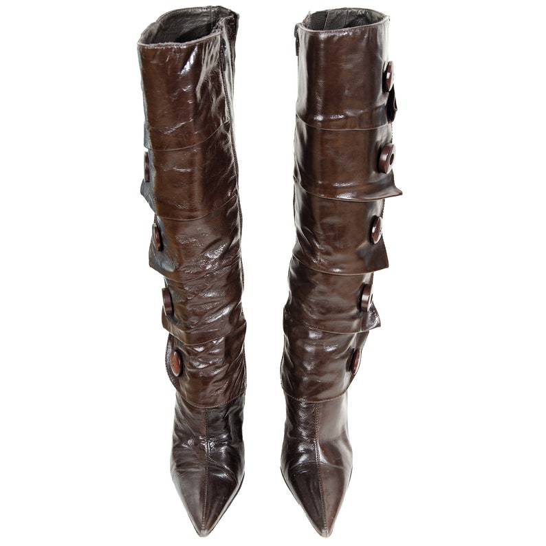 Vintage Shiny Brown Leather Pointy Toe Folded High Heel Boots