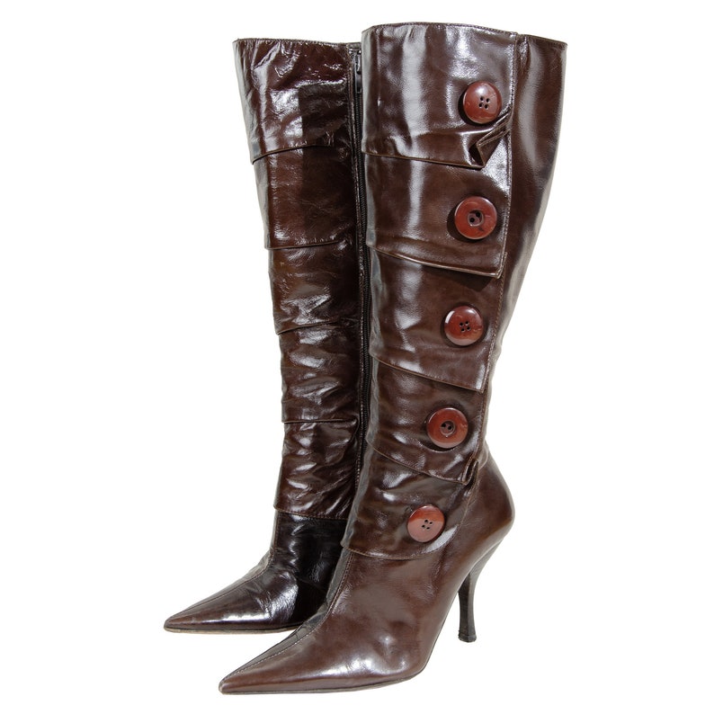 Vintage Shiny Brown Leather Pointy Toe Folded High Heel Boots
