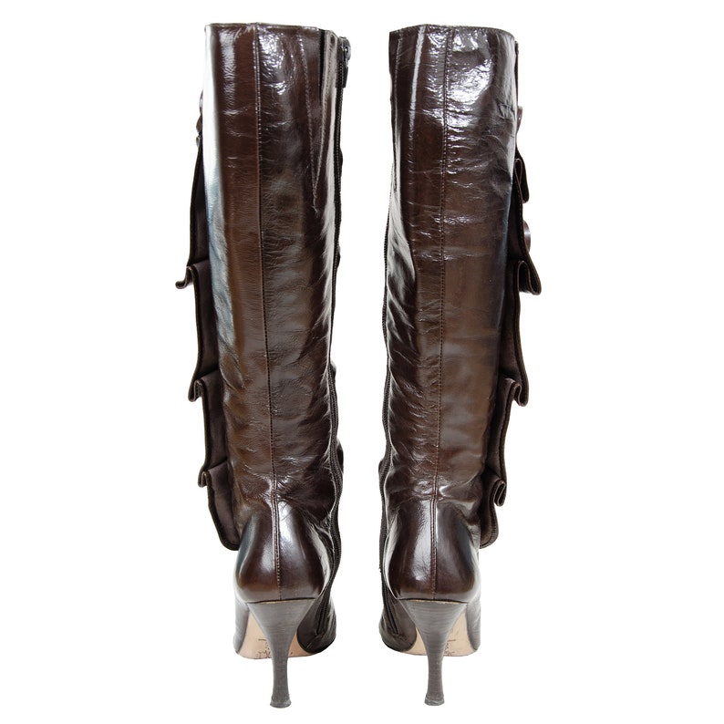 Vintage Shiny Brown Leather Pointy Toe Folded High Heel Boots