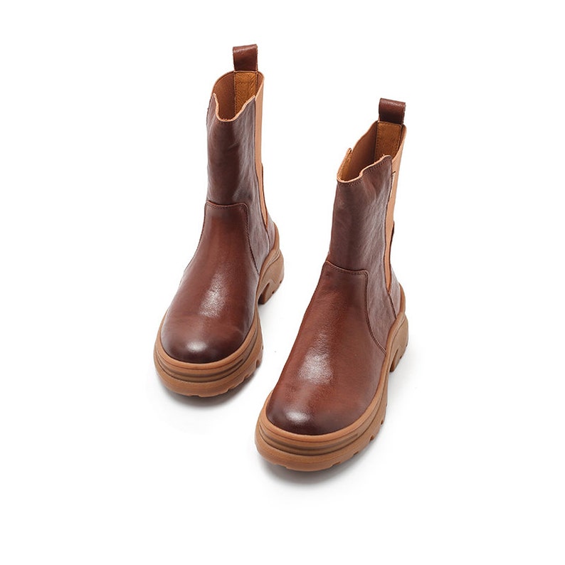 Womens Retro Leather Mid Calf Boots Snow Boots Have Fleece