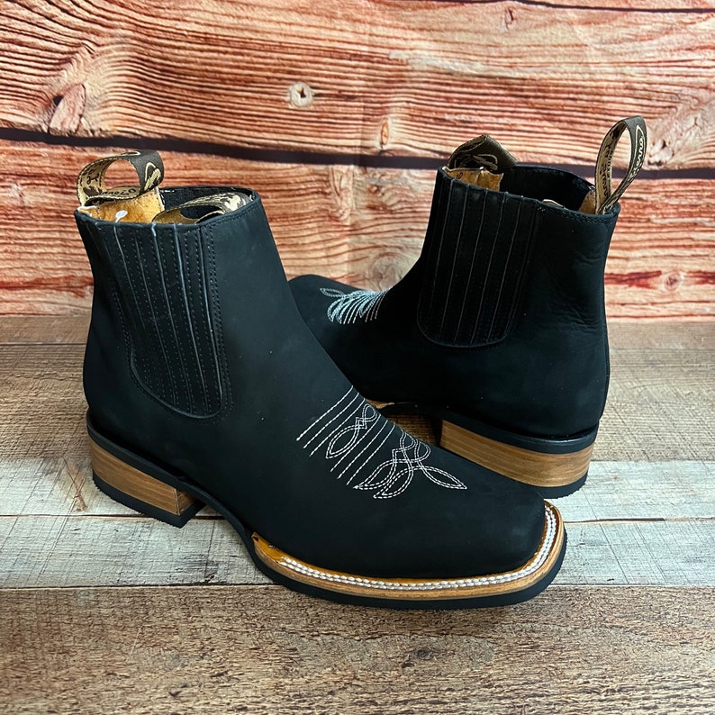 MENS Black Western Cowboy Chelsea LEATHER COWBOY Rodeo Square
