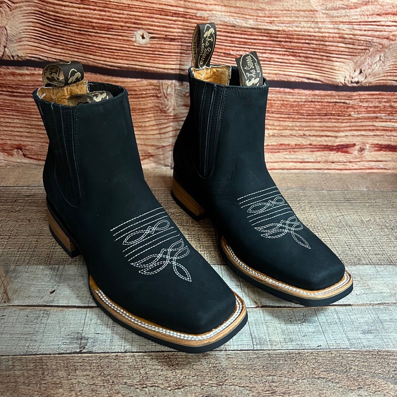MENS Black Western Cowboy Chelsea LEATHER COWBOY Rodeo Square