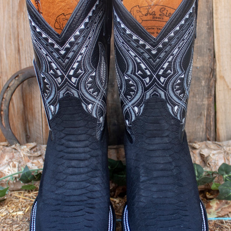 MENS Black PYTHON Snake Faux Leather Square Toe Cowboy Western