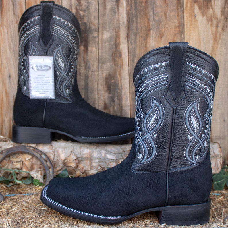 MENS Black PYTHON Snake Faux Leather Square Toe Cowboy Western