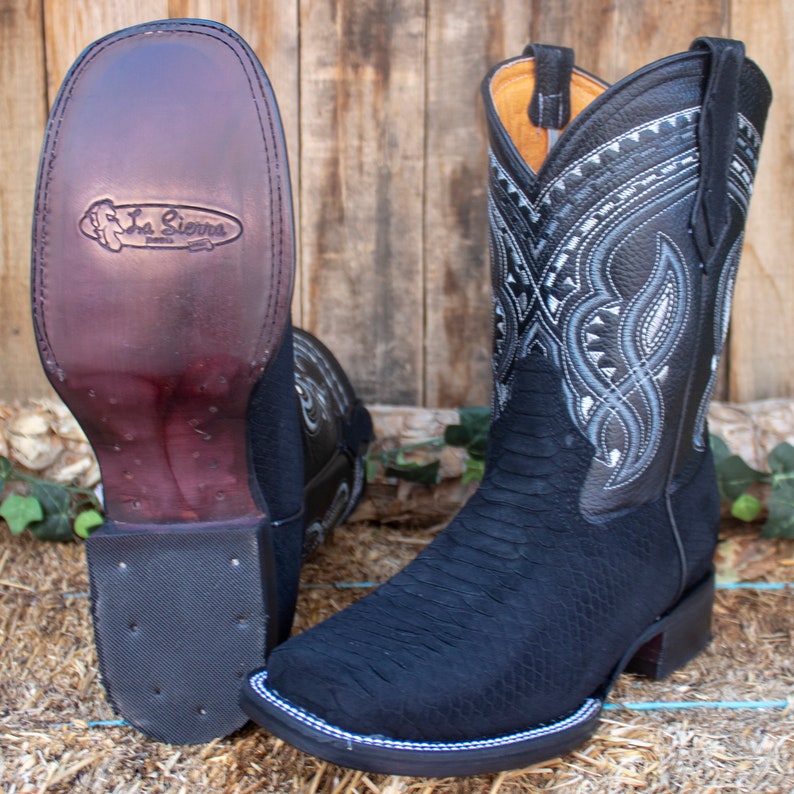 MENS Black PYTHON Snake Faux Leather Square Toe Cowboy Western