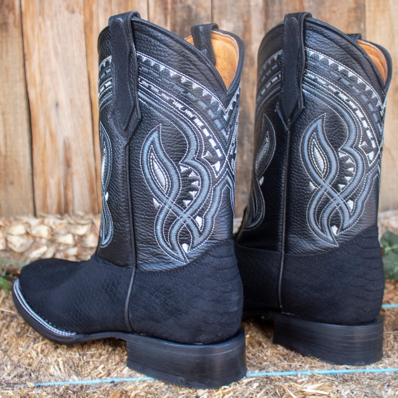 MENS Black PYTHON Snake Faux Leather Square Toe Cowboy Western