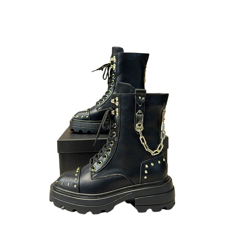 Genuine Leather Gothic Punk Platform Boots Rock Metal Chain