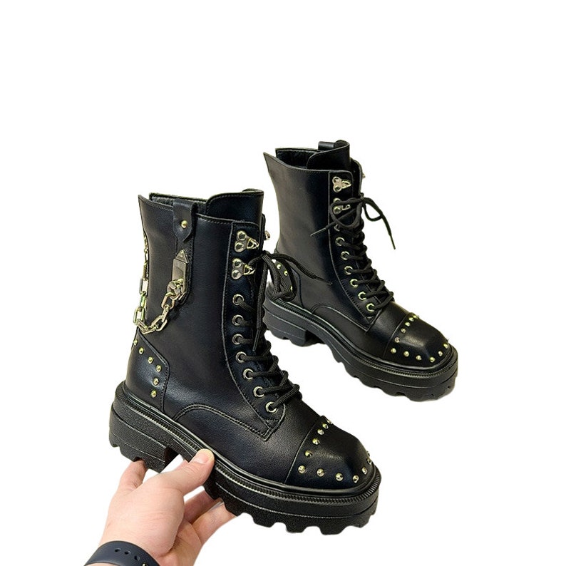 Genuine Leather Gothic Punk Platform Boots Rock Metal Chain