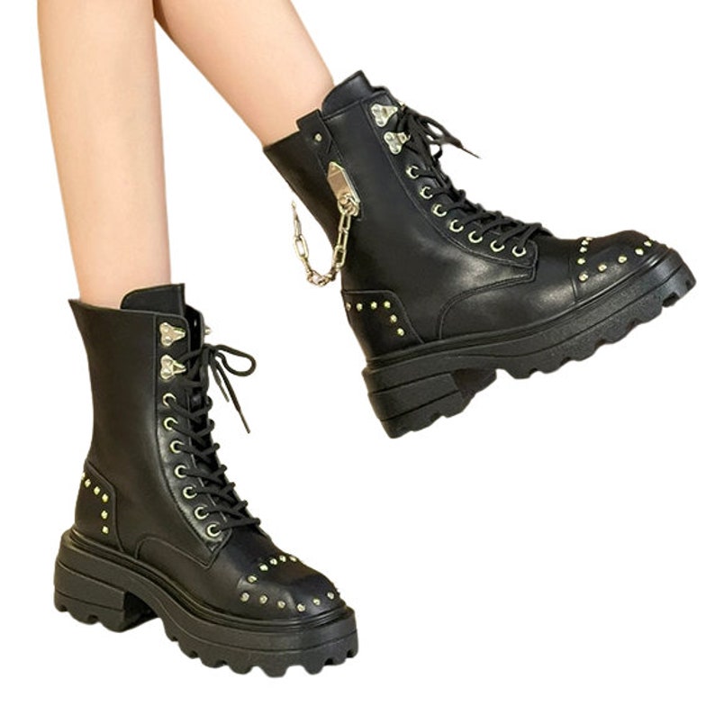 Genuine Leather Gothic Punk Platform Boots Rock Metal Chain