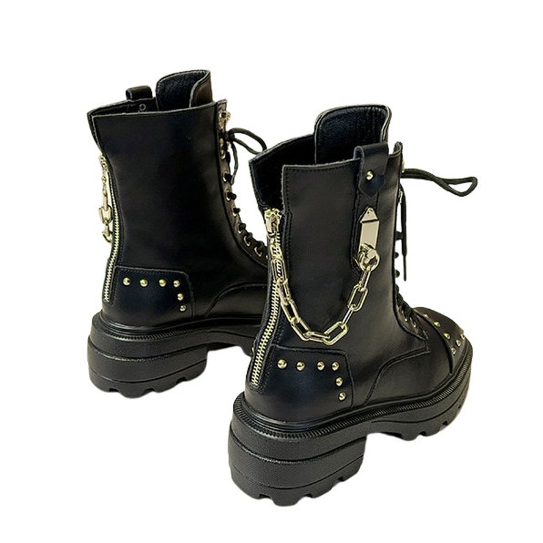Genuine Leather Gothic Punk Platform Boots Rock Metal Chain
