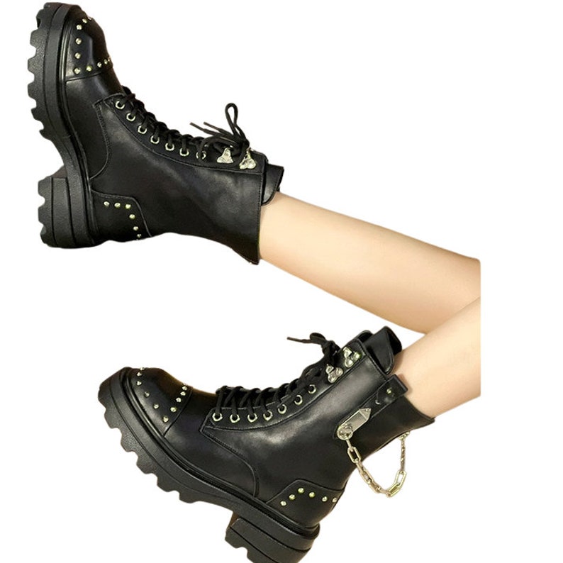 Genuine Leather Gothic Punk Platform Boots Rock Metal Chain