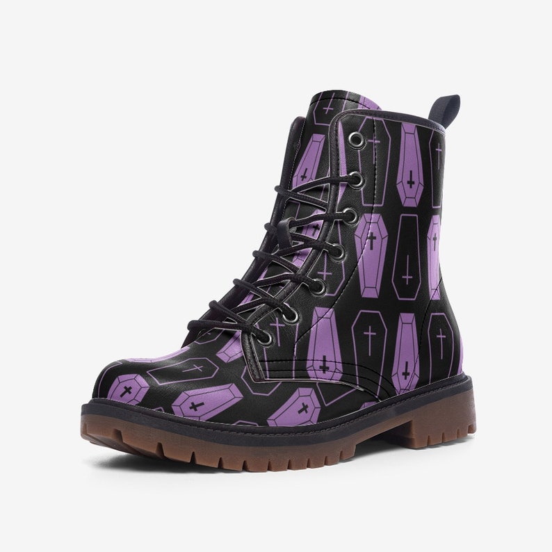 Purple Coffins on Black Unisex Combat Boots Pastel Goth