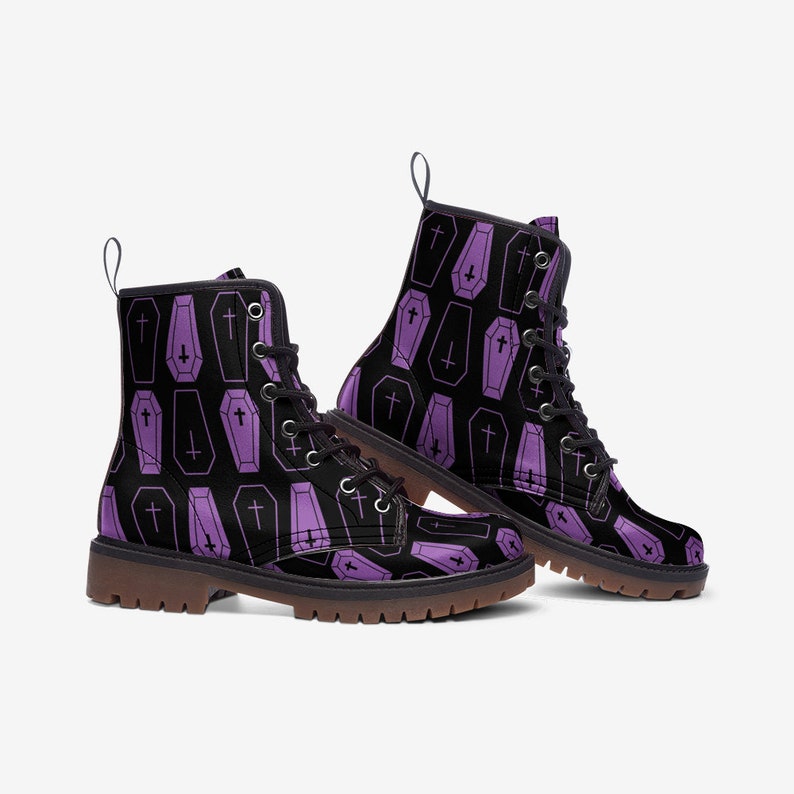 Purple Coffins on Black Unisex Combat Boots Pastel Goth