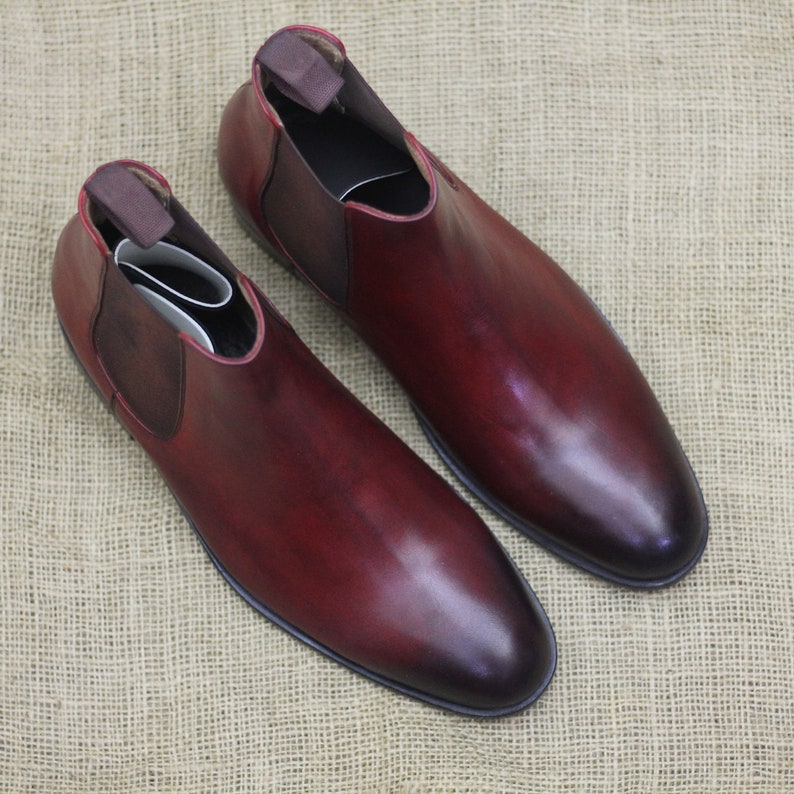 Bespoke Handmade Burgundy Color Genuine Leather Ankle High